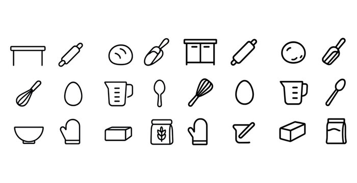 Outline icons of baking utensils including rolling pin, bowl, whisk, measuring cup, and oven mitt
