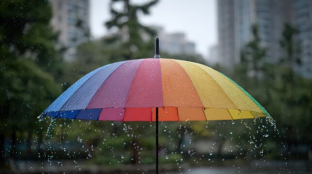 Vibrant Rainbow Umbrella Under Rain Showers With Blurred Urban Background and Trees On a Wet Day In Soft Natural Lighting Outdoors