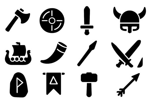 Viking Weapons Icons. Viking weaponry. Solid icon set of viking weaponry: axe, shield, sword, helmet, longship, horn, spear, dagger, rune stone, banner,