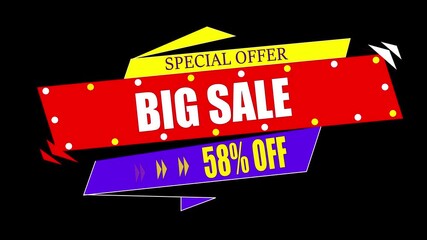 Big Sale Special Offer 58 Percent Off Discount Banner 4k animation video on black background 