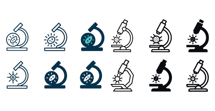 Set of microscope icons with virus and sun illustrations in various styles