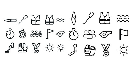 Outline icons of water sports gear and timing equipment including stopwatch and life vest