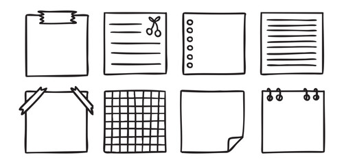 Sticky note paper squares for school planner, doodle set, playful stationery, hand drawn Monochrome line art outline, clean contour style, hand drawn.