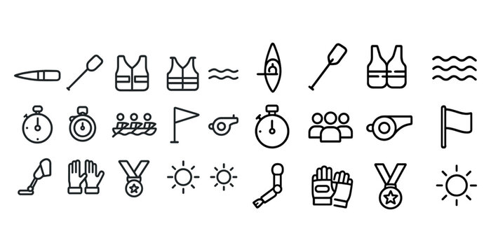 Outline icons of water sports gear and timing equipment including stopwatch and life vest - Powered by Adobe