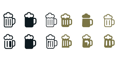 Set of beer mug icons in various styles and colors