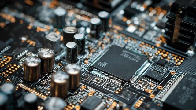 Closeup medium shot of intricate zinc alloy electronic components being assembled on a circuit board.