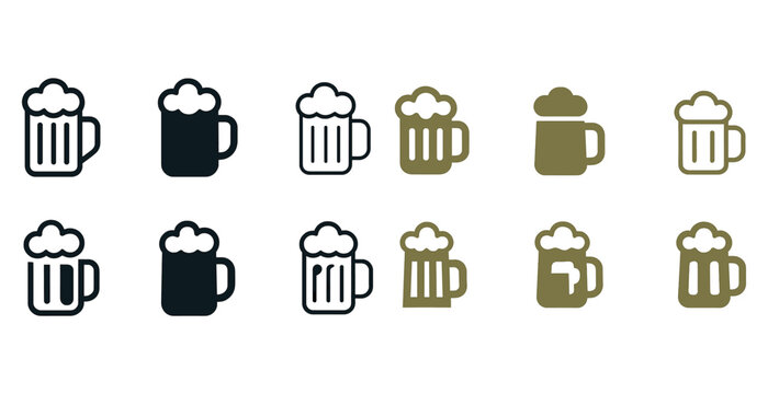 Set of beer mug icons in various styles and colors