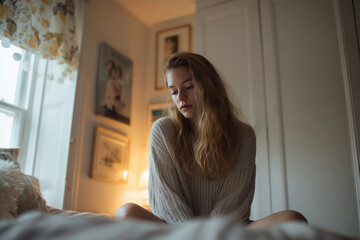 Woman sitting on bed looking down sadly