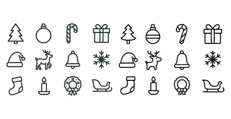 Set of christmas icons: trees, bells, candy canes, reindeer, and more festive symbols