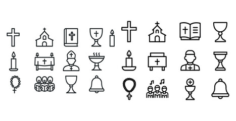 Naklejka premium Collection of christian worship icons: church, cross, priest, candles, bible
