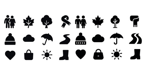 Obraz premium Set of autumn and winter icon silhouettes including tree, umbrella, scarf, and boots