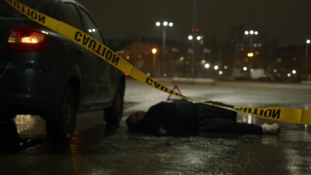 Police officers establish perimeter with caution tape, marking boundary of fatal accident while body and emergency triangle indicate seriousness and need for thorough documentation.