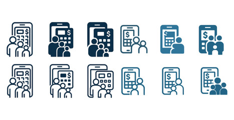 People calculating finances on mobile devices icon set in various styles