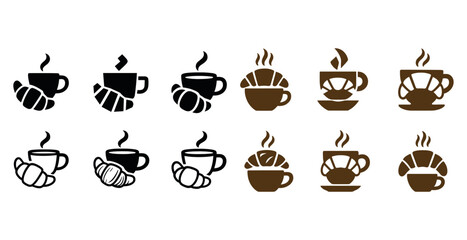 Coffee and croissant icons: breakfast beverage and pastry symbols