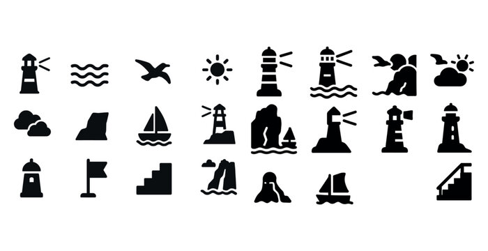 Lighthouse and nautical icon set: waves, boats, seagulls, sun, clouds