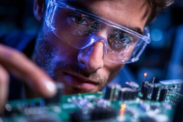 A technician focuses intently on a circuit board, carefully adjusting components. The workspace is well-lit, highlighting intricate details and displays of technology