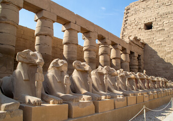 Egypt, Luxor, 02.01.2022  Karnak temple, alley of the ram-headed sphinxes.