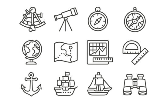 Exploration Icon Set. Exploration instruments. Line icon set of exploration instruments: sextant, telescope, compass, astrolabe, globe, map, chart, ruler,