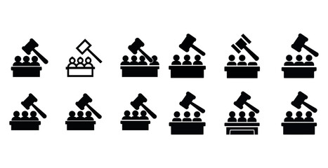 Naklejka premium Courtroom icons: judges, gavels, and jury in various styles