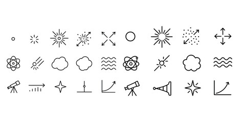 Minimalist vector icons: astrophysics, weather, and physics illustrations collection