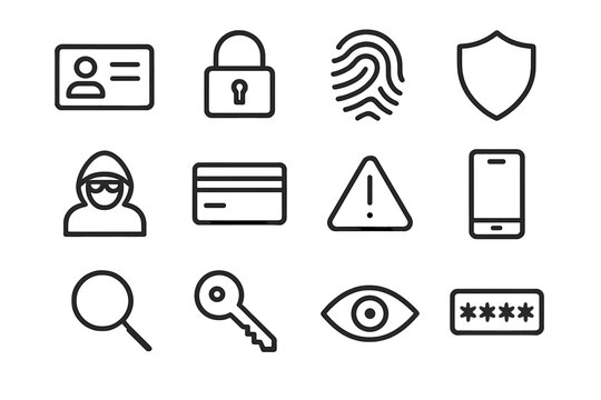 Identity Protection Icons. Identity theft prevention. Line icon set of identity theft prevention: ID card, lock, fingerprint, shield, hacker, credit card,