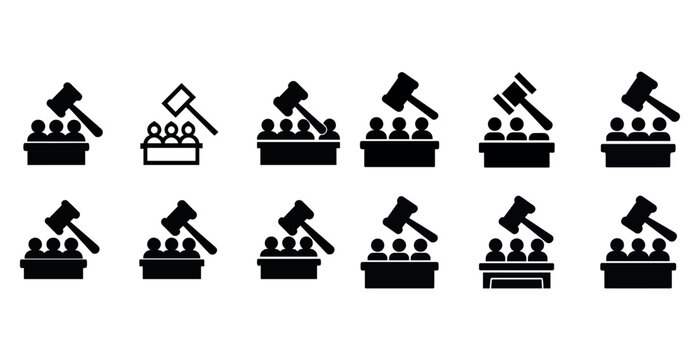 Courtroom icons: judges, gavels, and jury in various styles