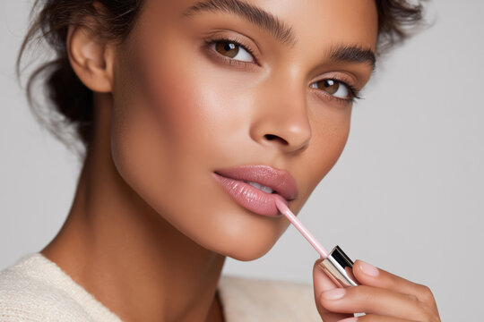 Close-up of a woman applying pink gloss on her lips