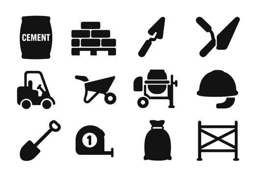 Construction Tools Icons. Building Materials Stack. Solid icon set of Building Materials Stack: cement bag, bricks, pallet, trowel, forklift, wheelbarrow,