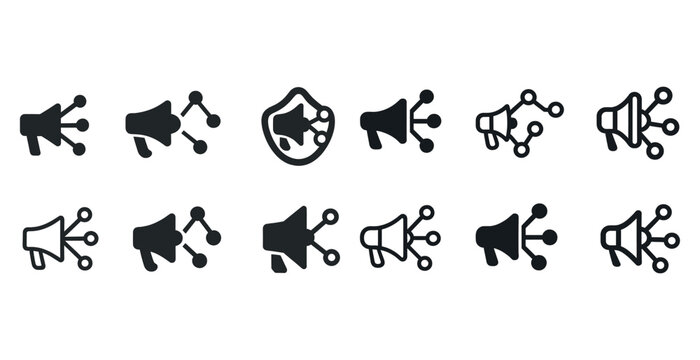 Set of black megaphone icons with networking elements for communication and marketing