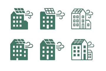 Fototapeta premium Energy-efficient Icon Set. Energy-efficient buildings. Icon set. Set Logo of energy-efficient buildings: smart building with solar grid and wind