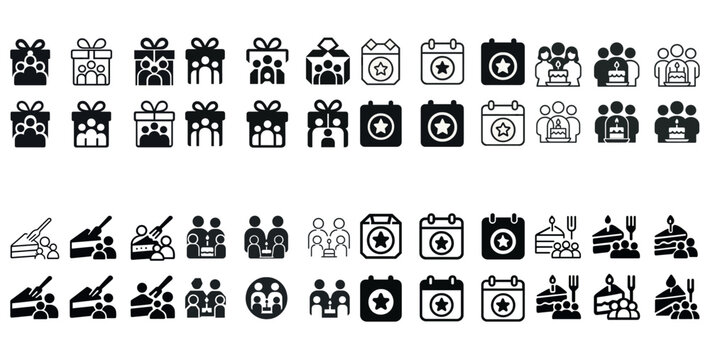 Celebration icons: presents, group gatherings, and cake symbols