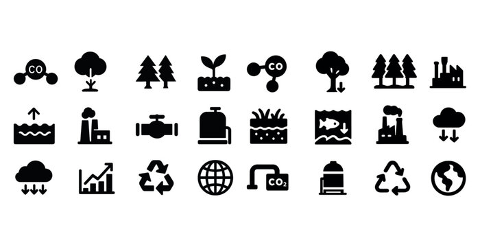 Environmental icons: ecology, recycling, industry, climate, conservation symbols