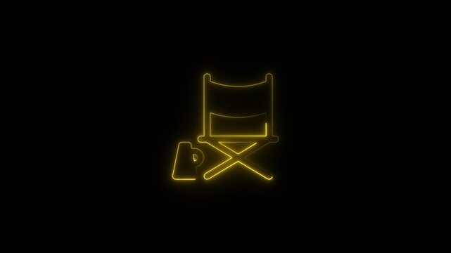 Yellow Neon Director's Chair and Megaphone director chair icon animation video on black background 