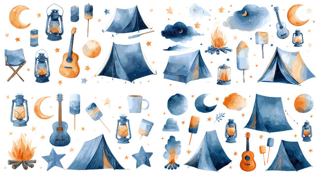 A cozy watercolor collection of camping elements including tents lanterns guitars moons stars and campfire scenes, ideal for outdoor themes adventure designs and creative projects.