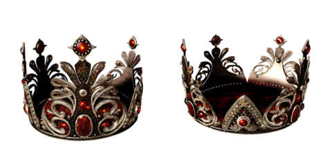Two Elaborate Silver and Red Gemstone Crowns on royal regal isolated on a transparent background