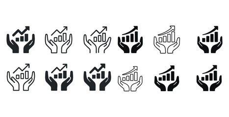 Set of hands holding rising graph icons in various styles