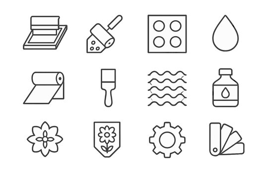 Print Techniques Icons. Printing techniques. Line icon set of printing techniques: silk screen, roller, pattern stencil, paint drop, textile roll, brush,