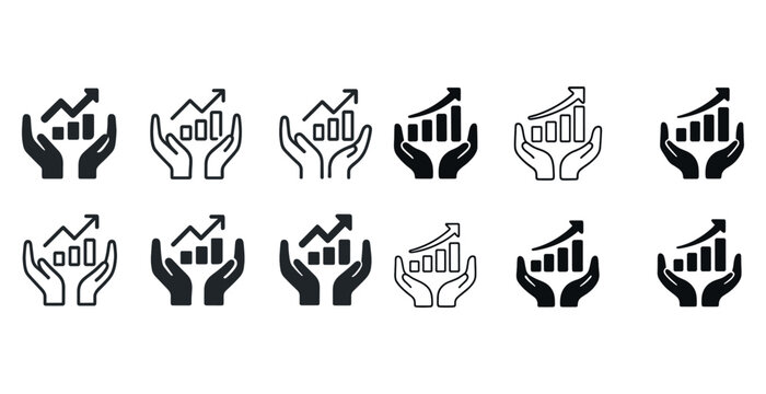 Set of hands holding rising graph icons in various styles