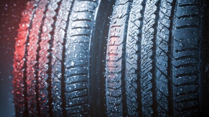 Detailed Close-Up of Wet Car Tires Showcasing Tread Patterns and Reflections During a Rain-Soaked Scene