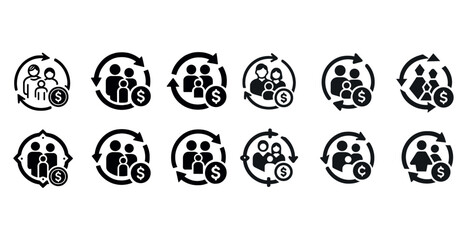 Set of black money and family icons with arrows in circular motion