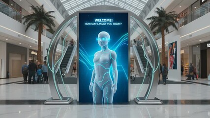 Robot assistant on a large digital screen greets customers in a modern shopping mall. AI-powered virtual guide providing retail navigation and support. Lockdown shot.