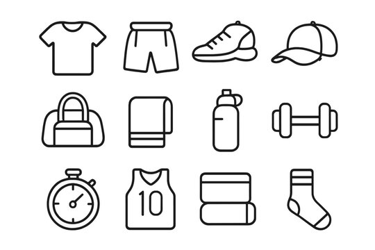 Minimalist Sportswear Icons. Sportswear. Line icon set of sportswear: T-shirt, shorts, sneakers, cap, gym bag, towel, water bottle, dumbbell, stopwatch,