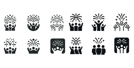 Obraz premium Celebration icons set with fireworks and people in festive poses