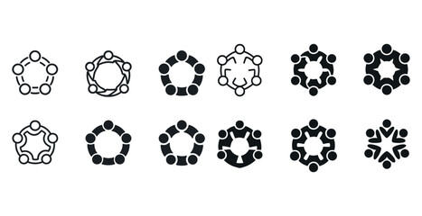 Set of circular teamwork and collaboration icons in black and white