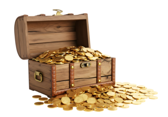 Open wooden treasure chest overflowing with gold coins, transparent background