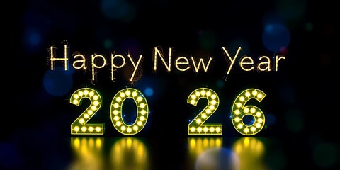 Happy New Year 2026 greeting banner with glowing gold marquee lights on a dark, reflective background with bokeh effects. Festive and celebratory design.