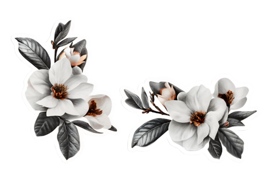 Two Groups of White Magnolia Flowers with Dark Green Leaves white flowers buds isolated on a transparent background