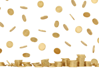 Falling gold coins isolated on transparent background. 3D rain of money, jackpot concept