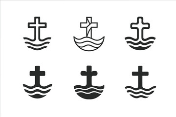 Baptism Emblems Collection. The significance of baptism in Christian faith. Icon set. Set Logo of baptism: cross emerging from rippling water. harmonious logo