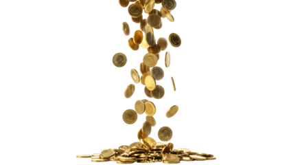 Falling gold coins isolated on transparent background. 3D rain of money, jackpot concept